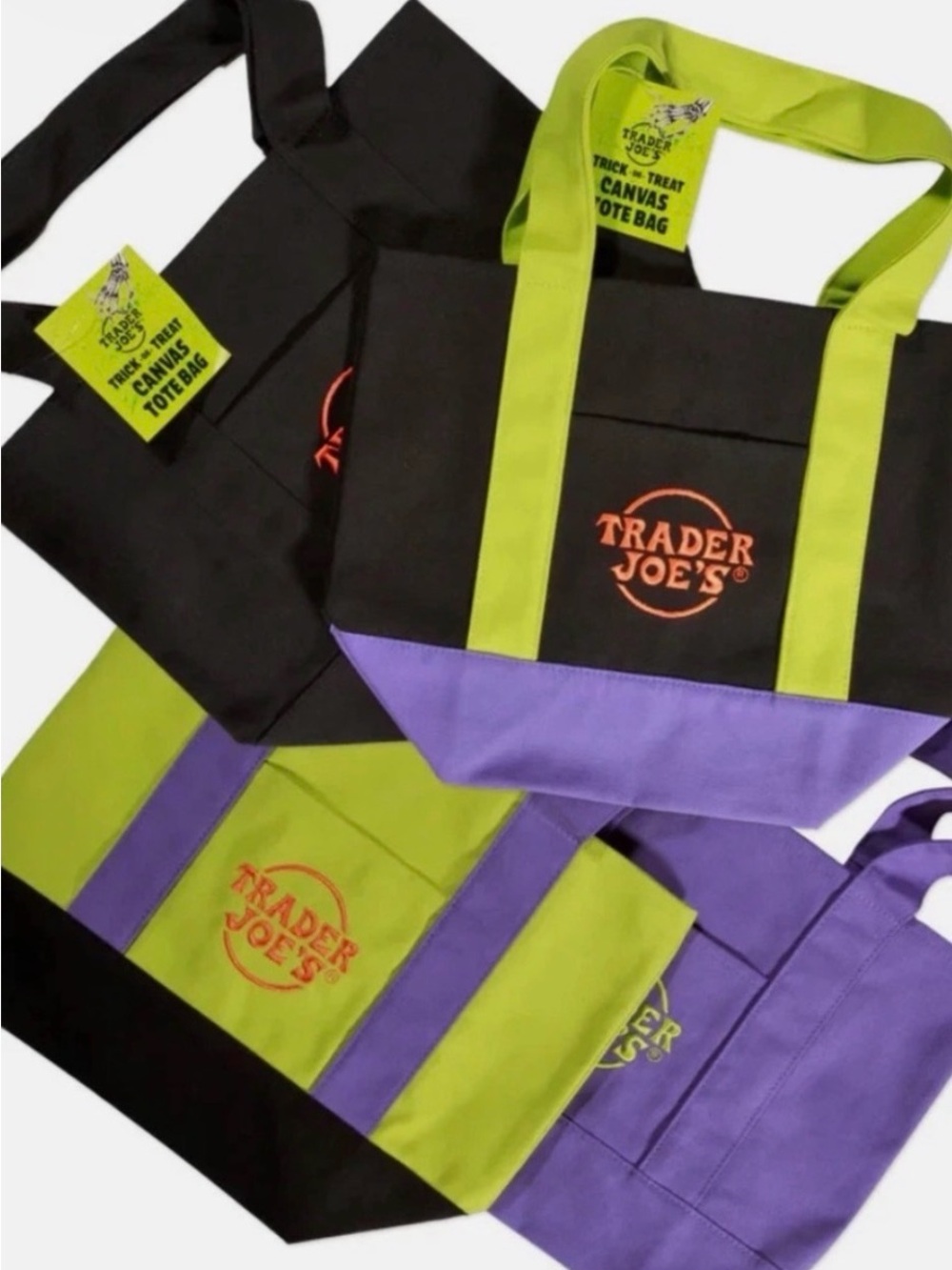TRADER JOE’S HALLOWEEN Small / Mini Canvas Tote Bag - Black, Lime & Purple